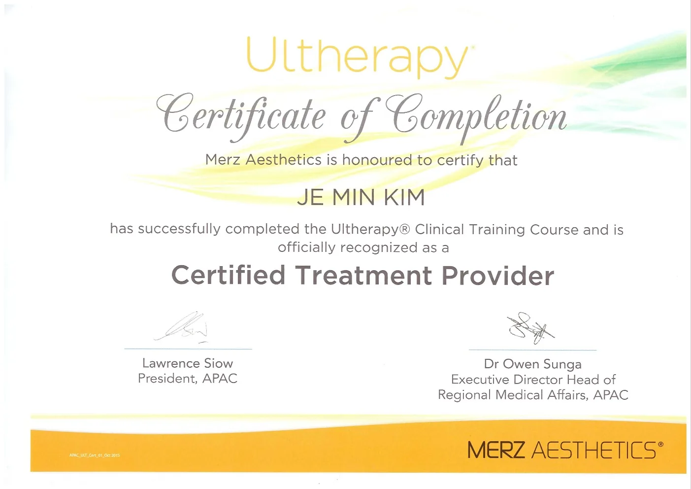 Ultherapy Certified Treatment Provider certificate — Ultherapy (Merz)