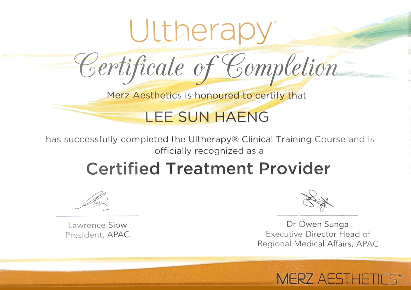 Ultherapy Prime training/attendance certificate — Ultherapy Prime (Merz)