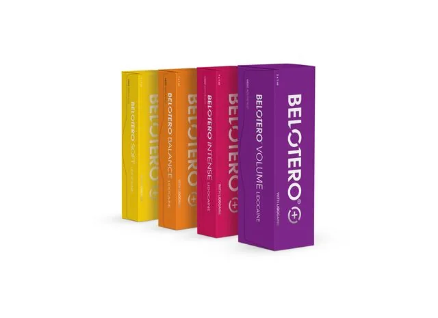 Belotero Soft, Balance, Intense and Volume filler cartons lined up on a white background