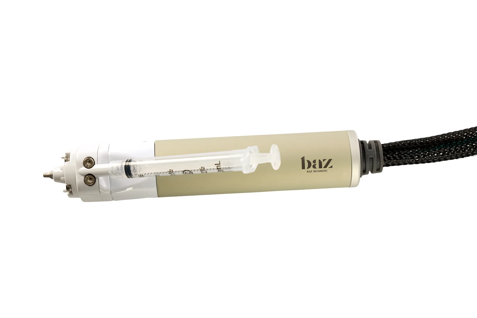 Close-up of the CureJet handpiece with its loaded syringe cartridge