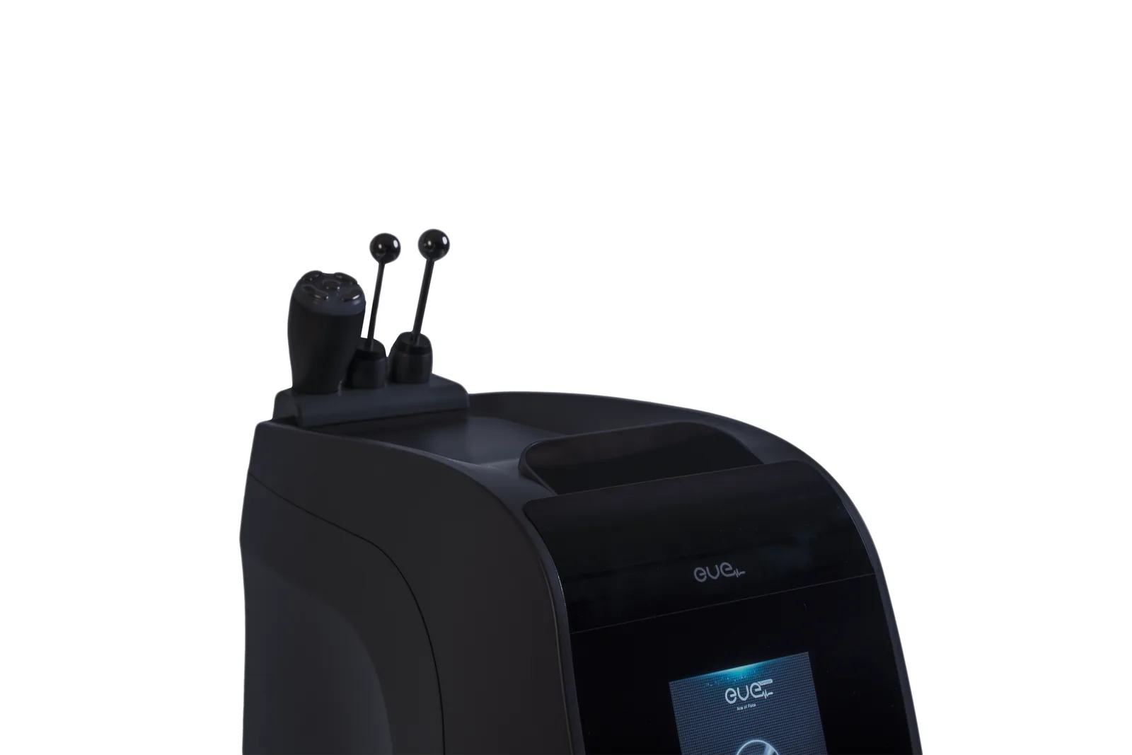 Detail of the EVE Synergy console top showing its docked handpieces and touchscreen