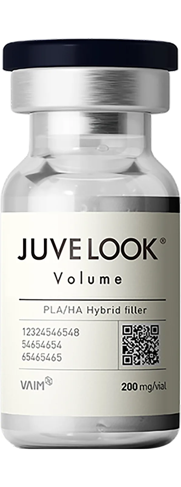 Juvelook Volume vial, a PLA and hyaluronic acid hybrid injectable, on a transparent background