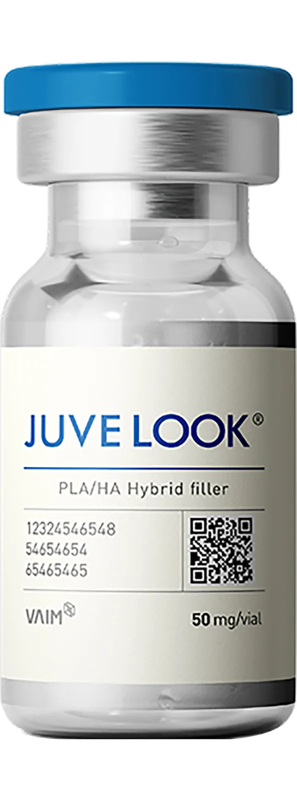 Juvelook vial with a blue cap, a PLA and hyaluronic acid hybrid injectable, on a transparent background