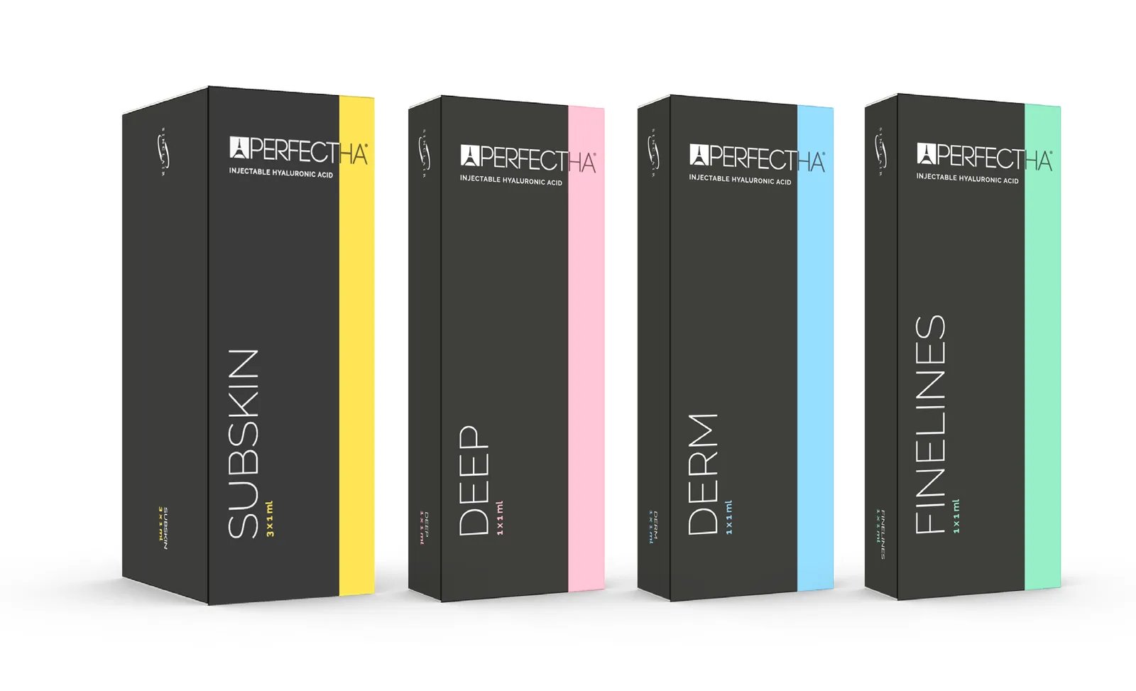 Perfectha Subskin, Deep, Derm and Finelines hyaluronic acid filler cartons lined up