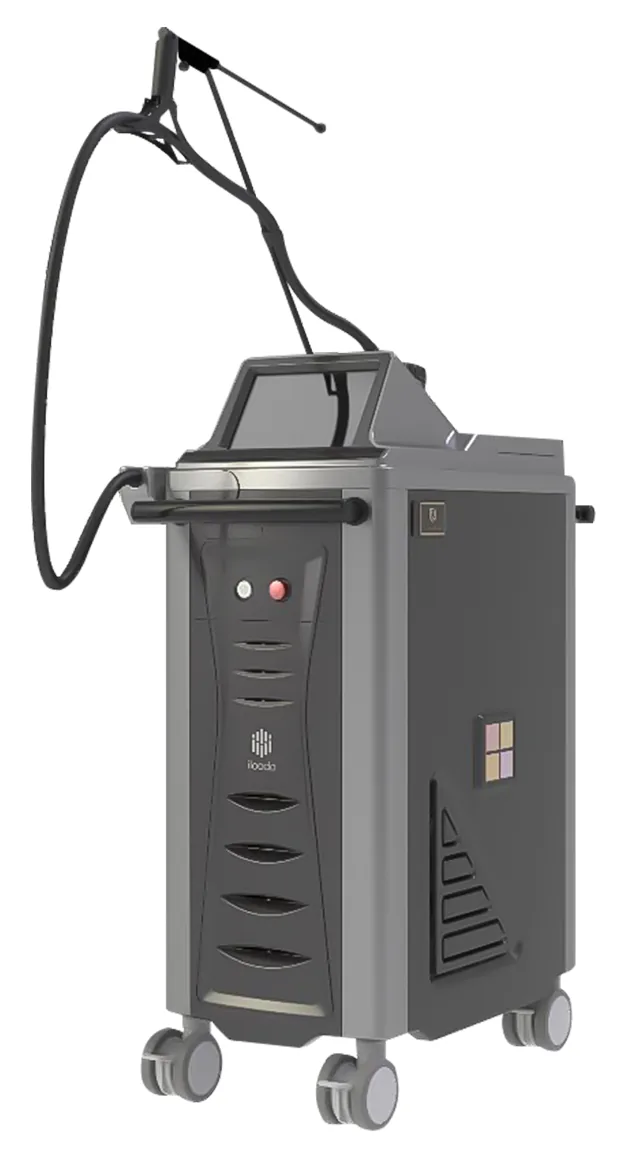 Laser toning system on castors with its articulated delivery arm and handpiece at Dear Clinic