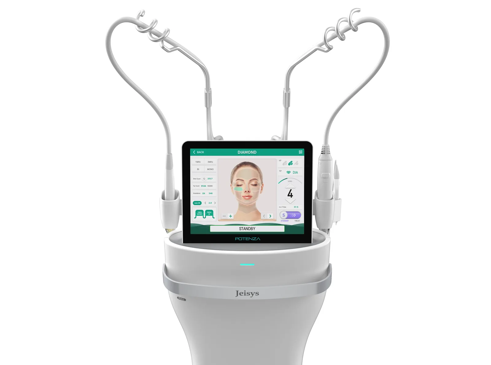 Jeisys Potenza RF microneedling system with both handpieces and its touchscreen showing the treatment interface
