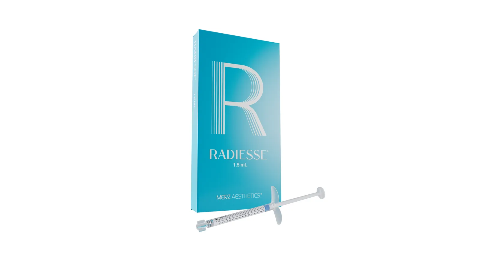 Radiesse 1.5 mL carton beside its pre-filled syringe on a transparent background