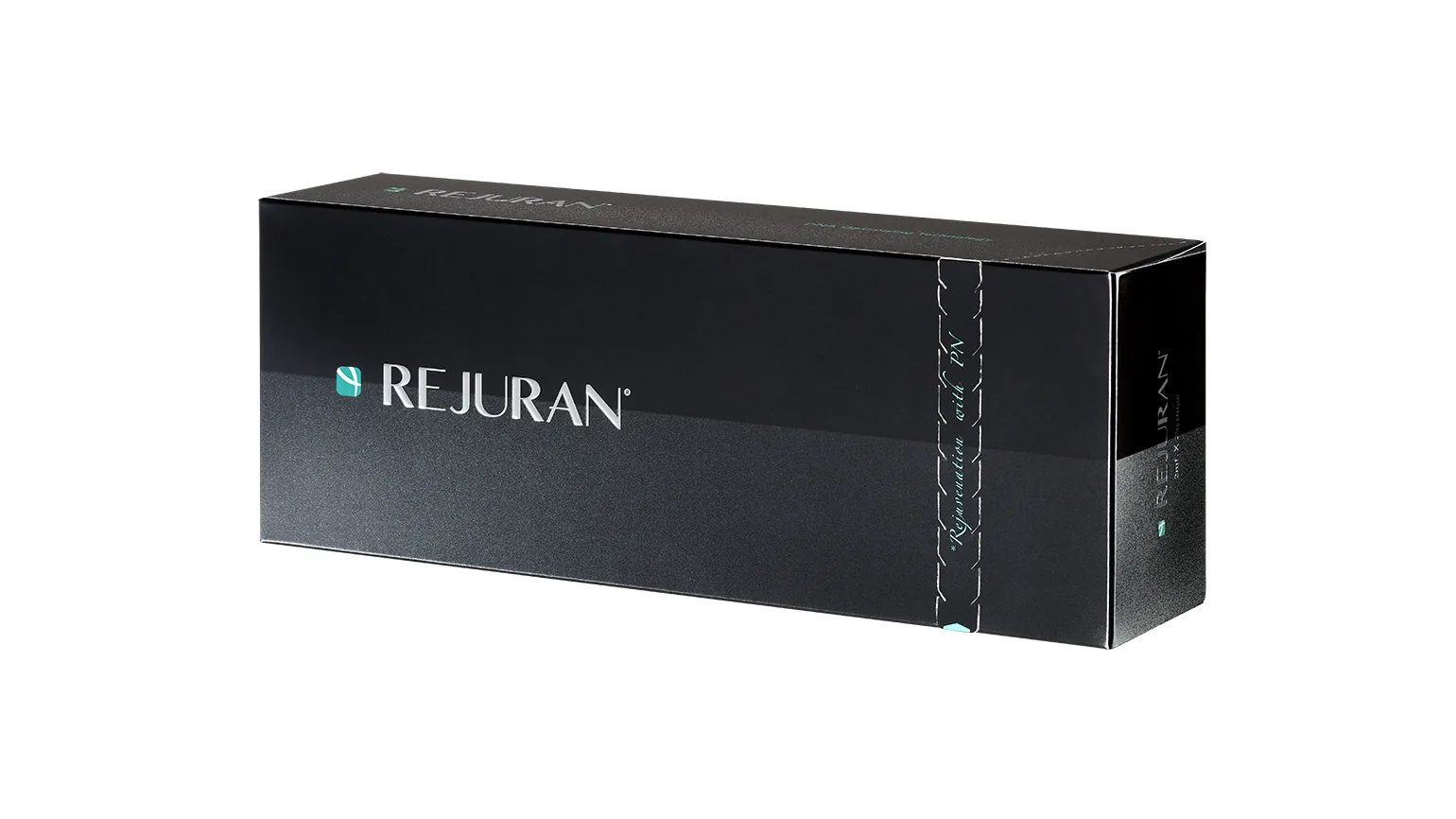 Rejuran carton in black and silver shown at an angle