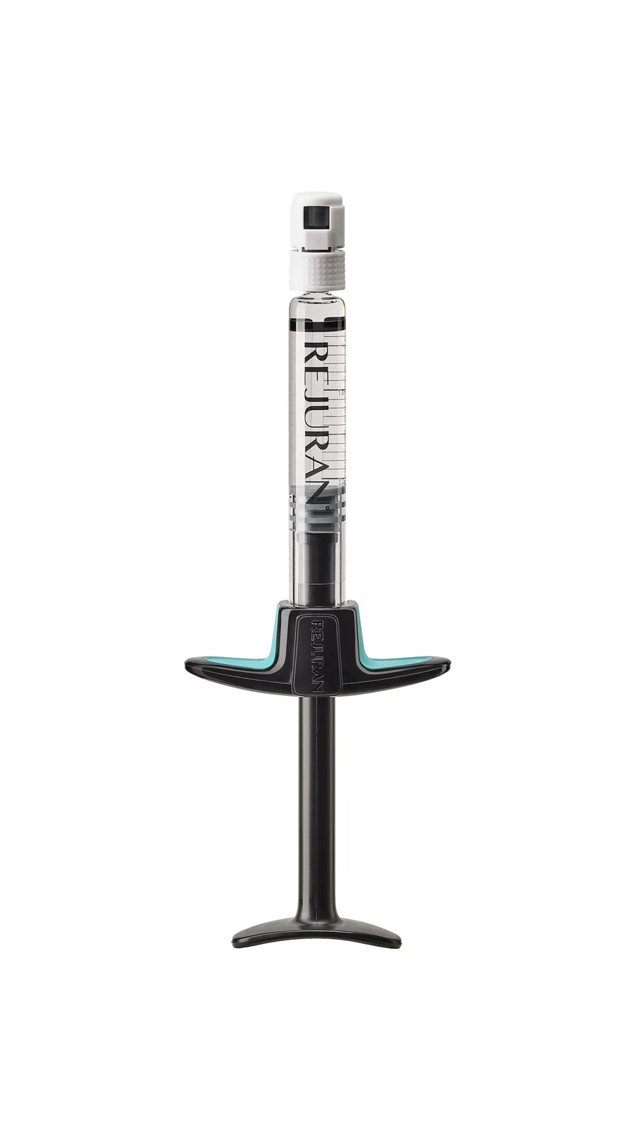 Rejuran pre-filled syringe with a dark grey plunger, on a transparent background