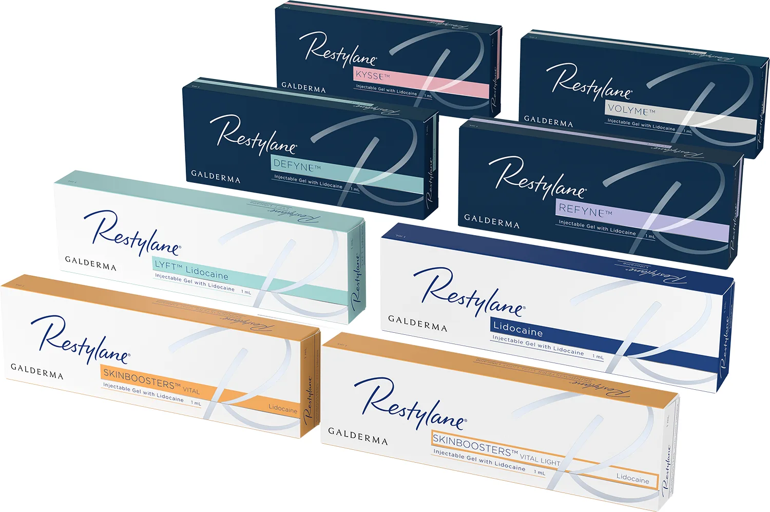 The Restylane range of hyaluronic acid filler cartons laid out on a transparent background