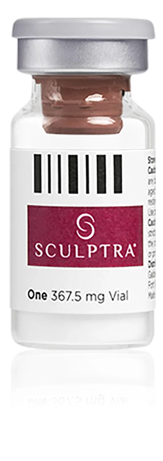 Sculptra 367.5 mg single vial with its reflection on a transparent background