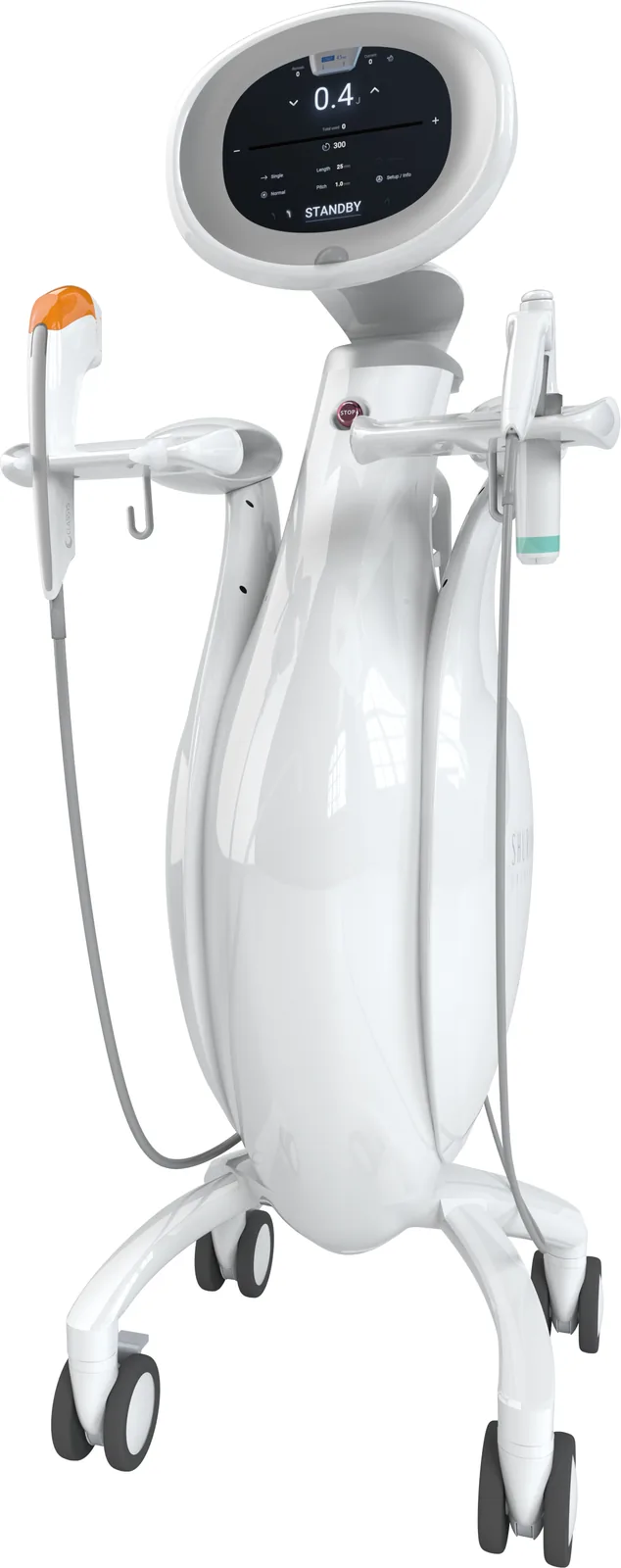 Shurink Universe HIFU system with its face and body handpieces docked on either side of the console