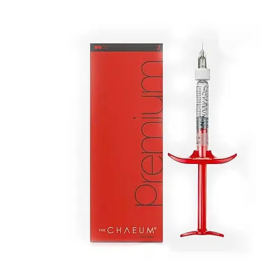 The Chaeum Premium filler carton beside its red-handled pre-filled syringe