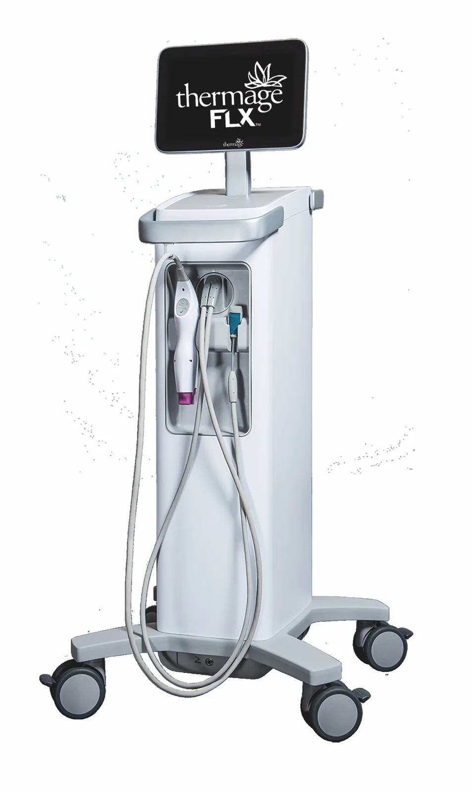 Thermage FLX system on castors with the handpiece docked and the brand shown on its screen