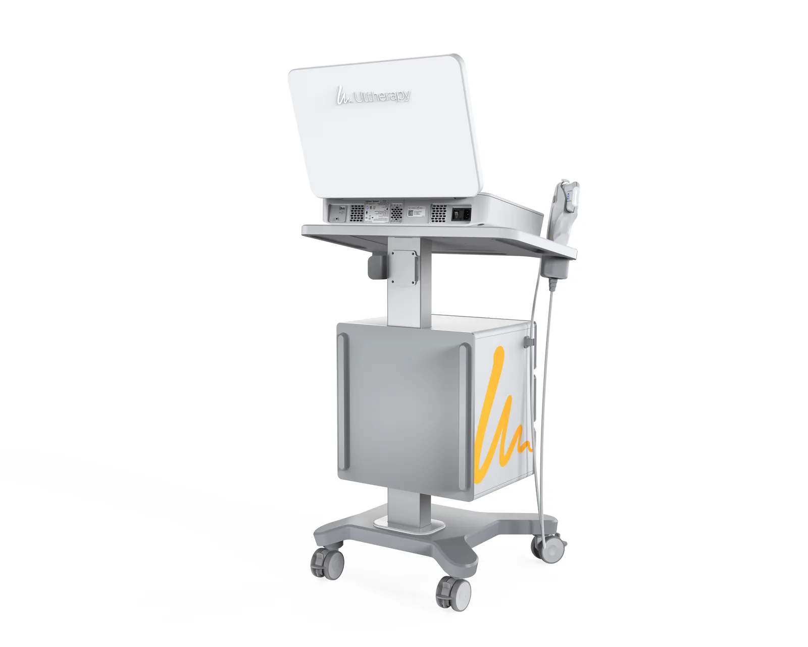 Ultherapy Prime system on its cart, three-quarter rear view showing the transducer on its holder