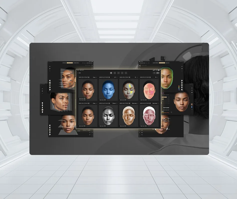 EVE Muse AI analysis screen showing multi-angle facial capture