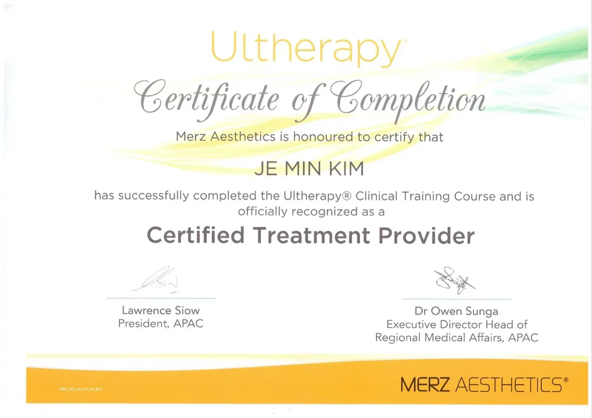 Merz Certificate — Ultherapy certified treatment provider, Dr. Jemin Kim