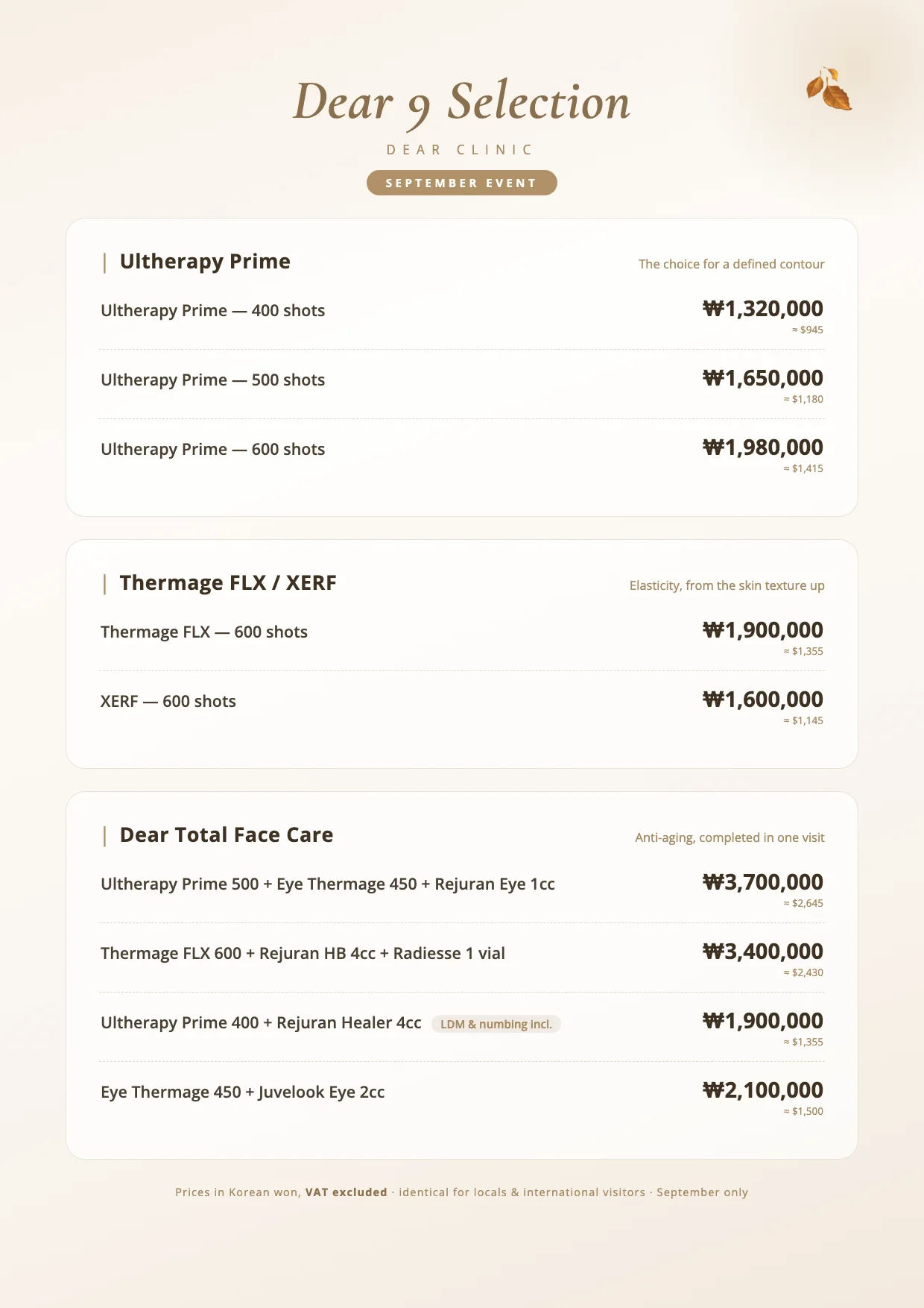 Dear 9 Selection September event — Ultherapy Prime, Thermage FLX, XERF and Total Face Care packages with prices