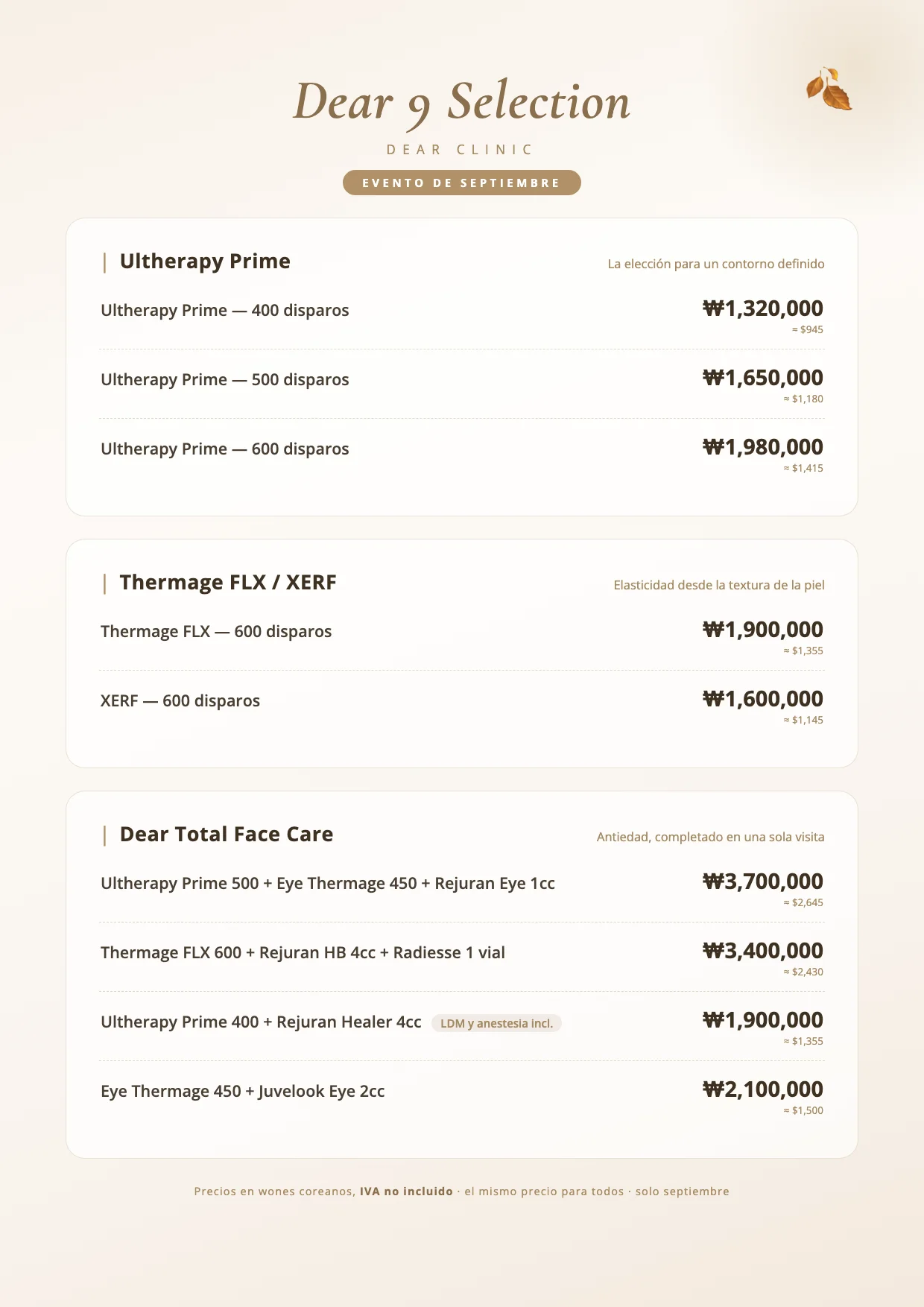 Dear 9 Selection evento de septiembre — Ultherapy Prime, Thermage FLX, XERF y paquetes Total Face Care con precios